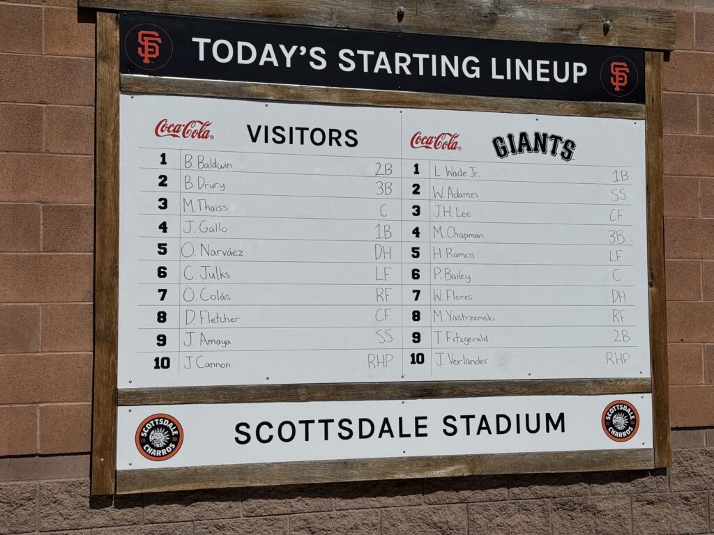 Starting lineup board at Scottsdale Stadium