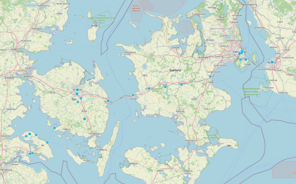Map of our stops in Denmark.