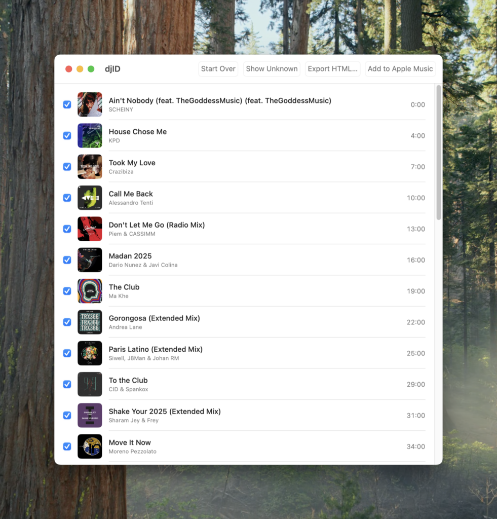 The final screen with all tracks show and buttons with the ability to export to an Apple Music playlist or an HTML file.