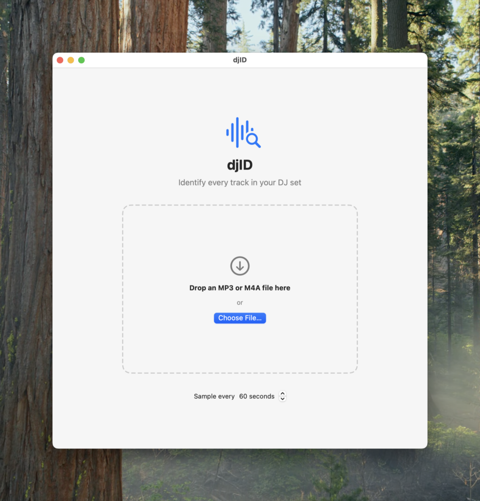 The opening window of my app imploring you to select and audio file to be processed.